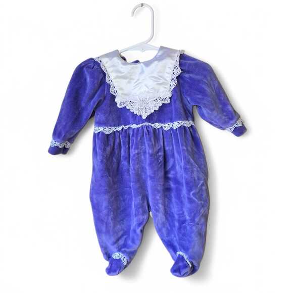 Vintage Baby Velour Romper Size 6M Purple Lace Collar Little Me - Picture 1 of 7